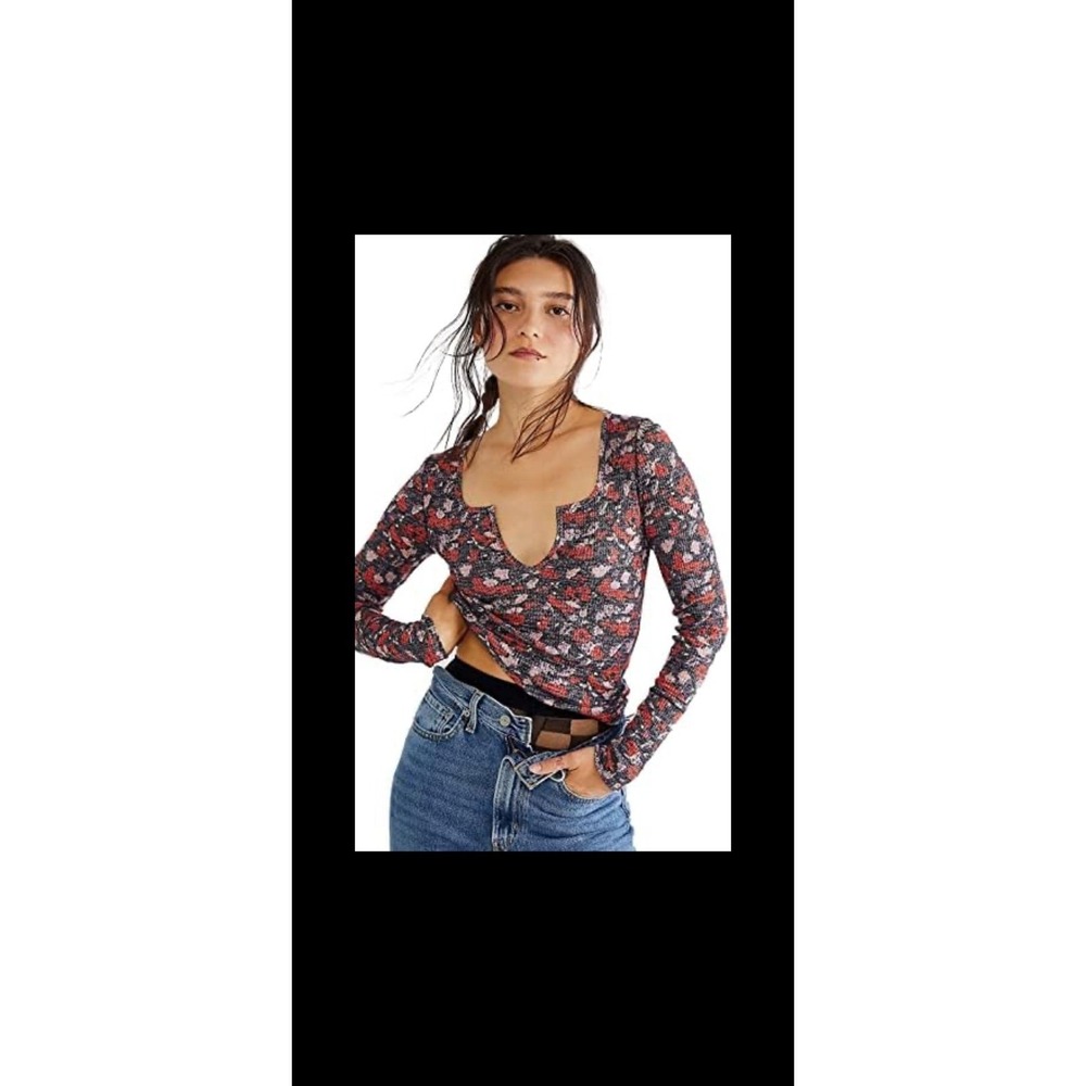 Free People Ciara Printed Layering Top in Black Combo size large